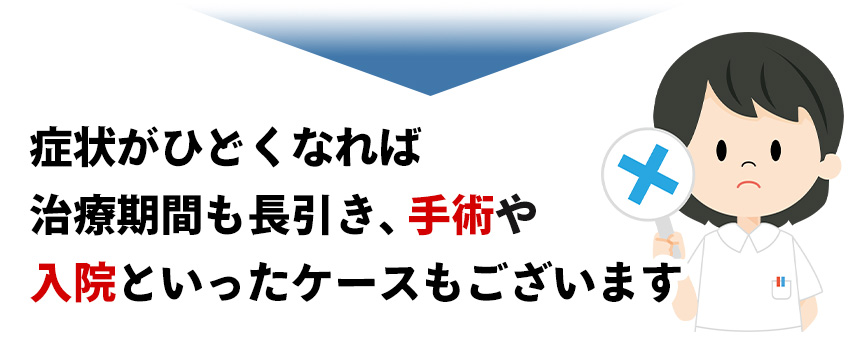 症状がひどくなれば 治療期間も長引き、手術や入院といったケースもございます